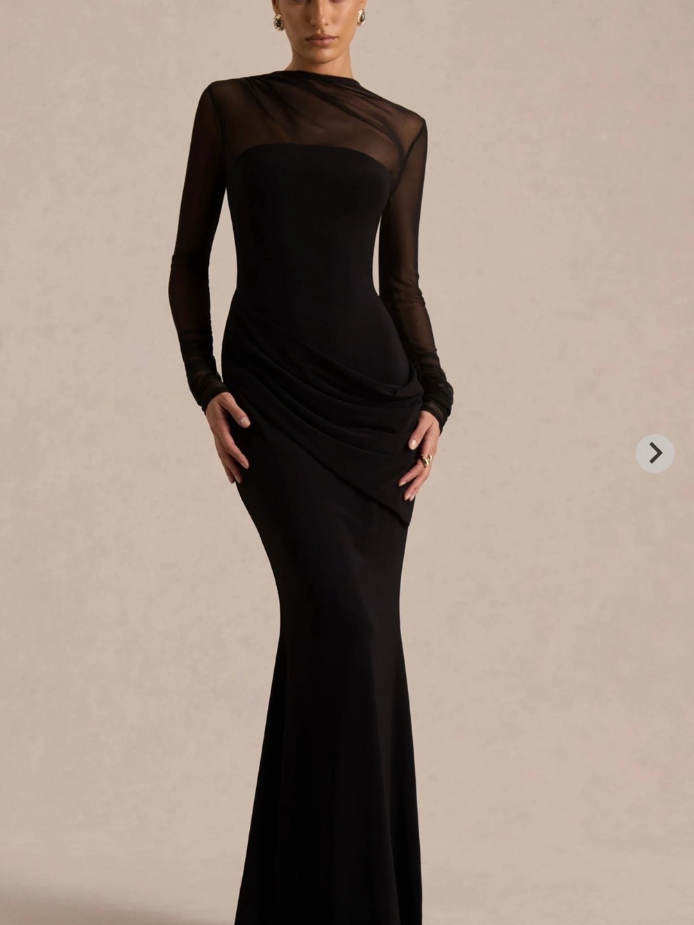Black Sheer-Sleeve Maxi Dress with Draped Waist